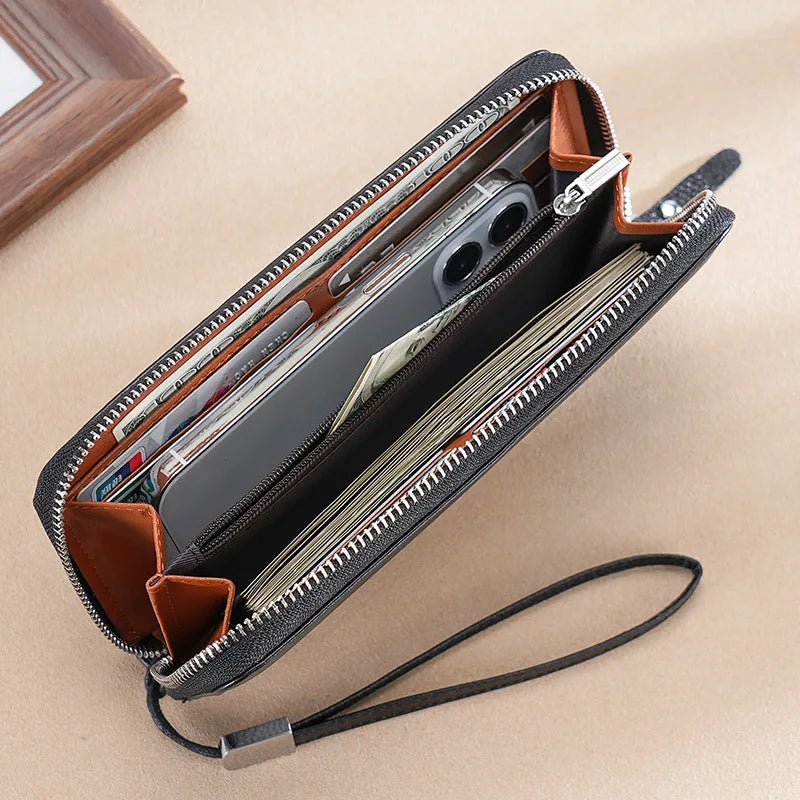 Men S Purse Long Leather Zipper Business Hand Large Capacity Mobile Phone Storage Rope Wallet