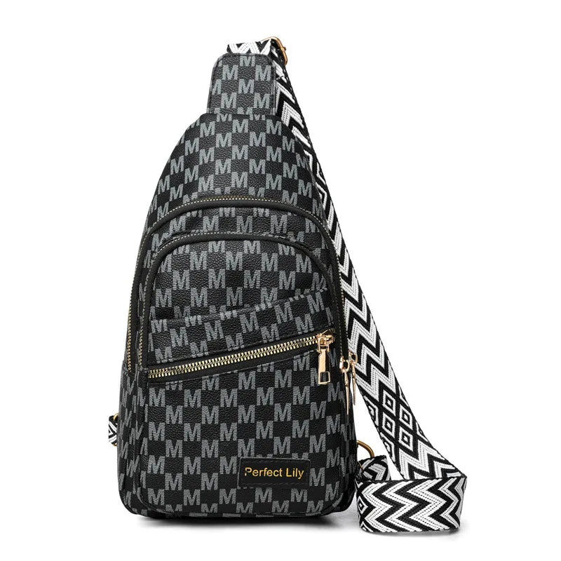 Letter M Design Leather Men Women Chest Bag Multi Layer Zipper Pocket Shoulder Cross Body Bags