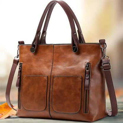 Retro Leather Tote Bag – Dual Pocket Zipper Shoulder Handbag