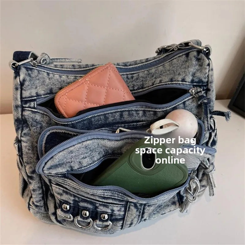 Denim Shoulder Bag for Women – Vintage Washed Multi-Pocket Crossbody