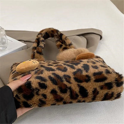 Leopard Print Plush Handbag Soft Fluffy Tote Bag Stylish Shoulder Bags Women Daily Use Friends