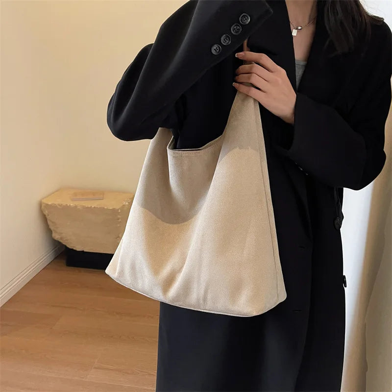 Faux Suede Tote Bag with Makeup Pouch – Large Capacity Women's Shoulder Bag