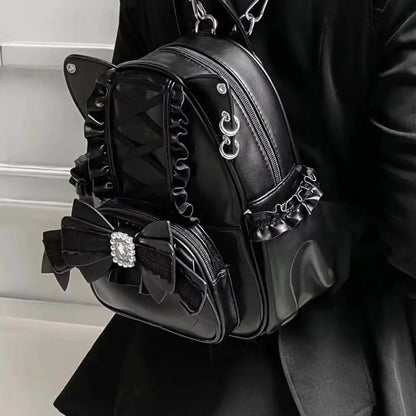Cat Ear Backpack for Women – Lolita Lace Bow Y2K Punk Knapsack