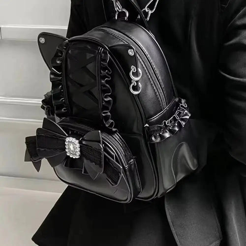 Cat Ear Backpack for Women – Lolita Lace Bow Y2K Punk Knapsack