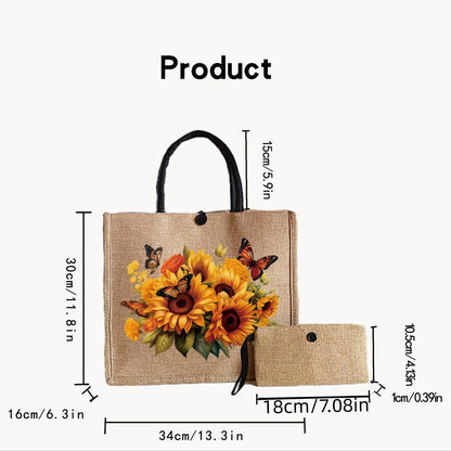 Sunflower Print Handbag & Coin Purse Set – 2-Piece Lightweight Tote