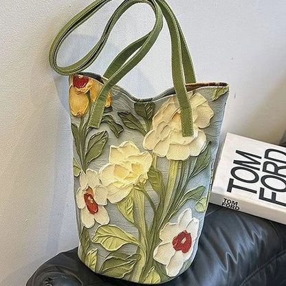 Floral Canvas Bucket Tote Bag – 3D Embossed Print Women's Shoulder Bag