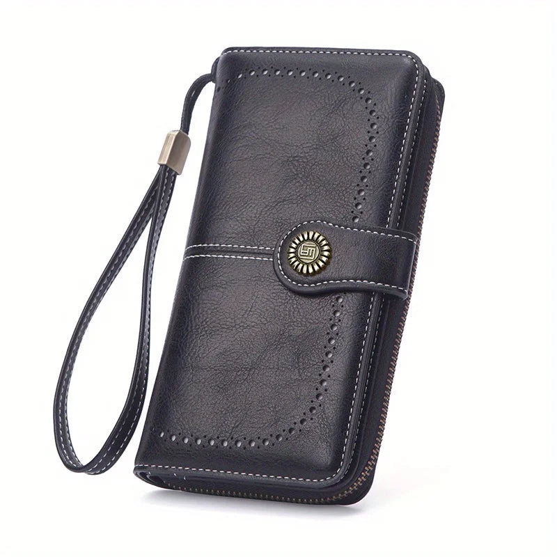 RFID Blocking Vintage Leather Wallet – Large Wristlet Clutch for Women