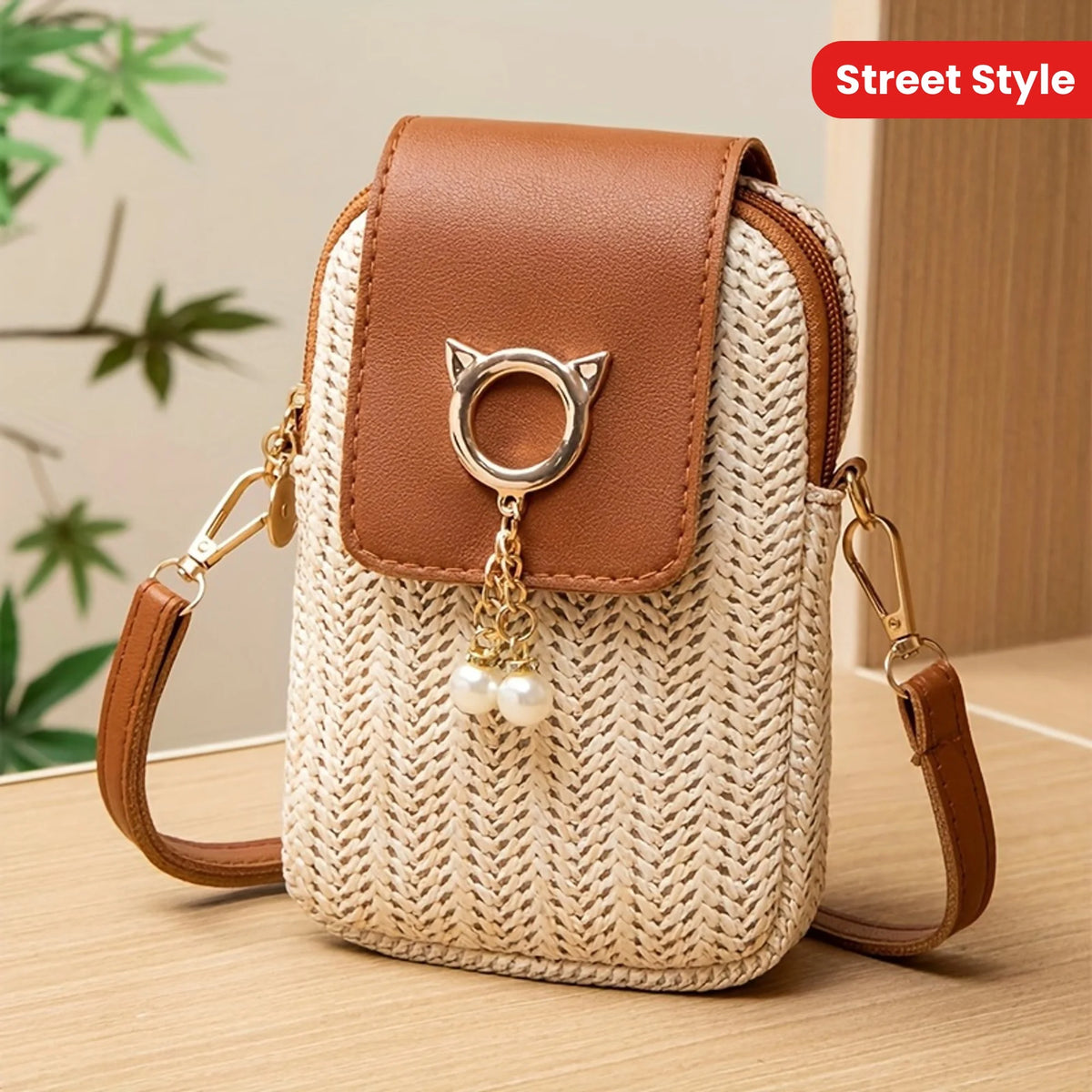 Mini Crossbody Phone Bag for Women – Cute Straw & Leather Boho Purse