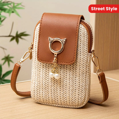 Mini Crossbody Phone Bag for Women – Cute Straw & Leather Boho Purse