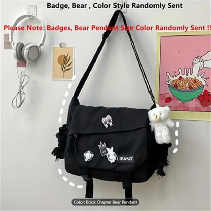Kawaii Pins Decor Messenger Bag Release Buckle Decor Flap Crossbody Bag Large Capacity School Bag