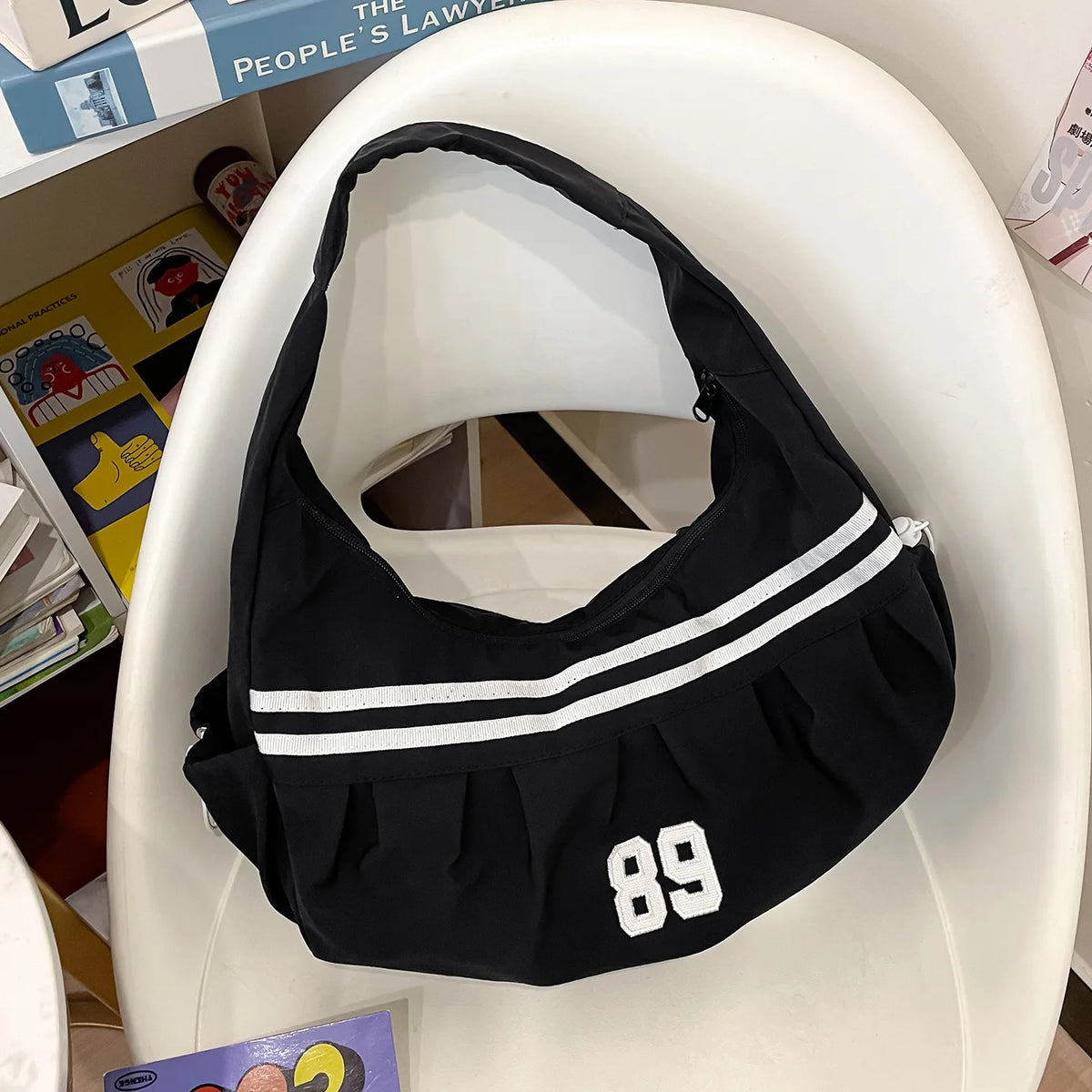 Sporty Nylon Shoulder Bag – Retro Stripe Number 89 Hobo Tote for Women