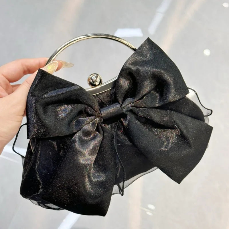 Satin Bow Clutch Bag for Women – Kiss Lock Top Handle Handbag