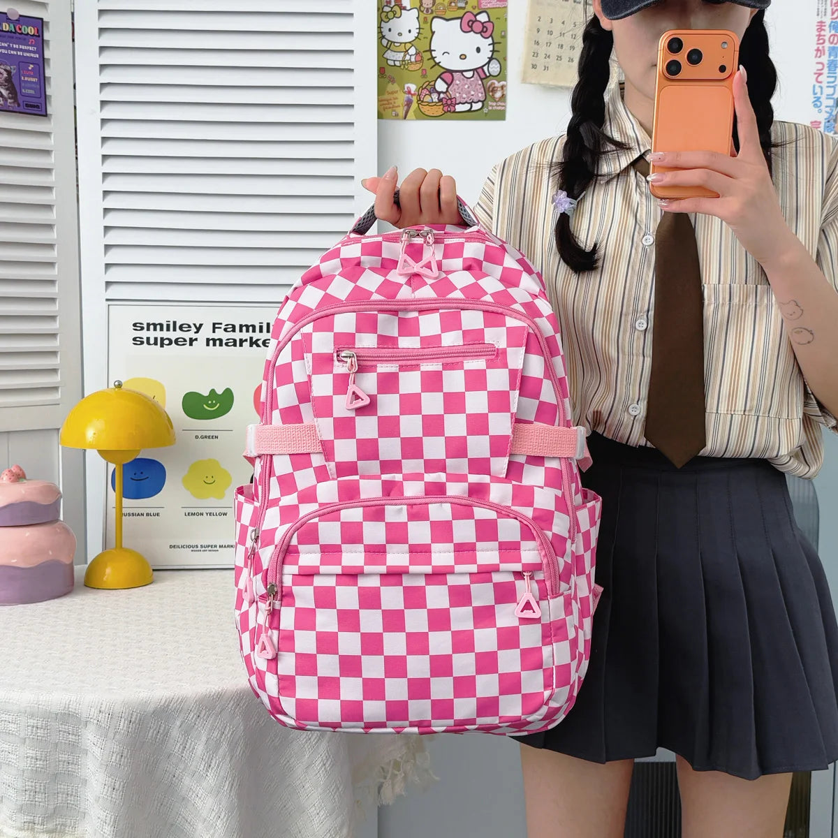 Retro Trendy Checkerboard Patterned Large Capacity Student Backpack Nylon Lightweight Casual Campus