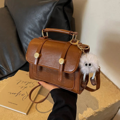 Vintage Crossbody Bag – Faux Leather Shoulder Bag with Plush Charm & Gold Button Detail