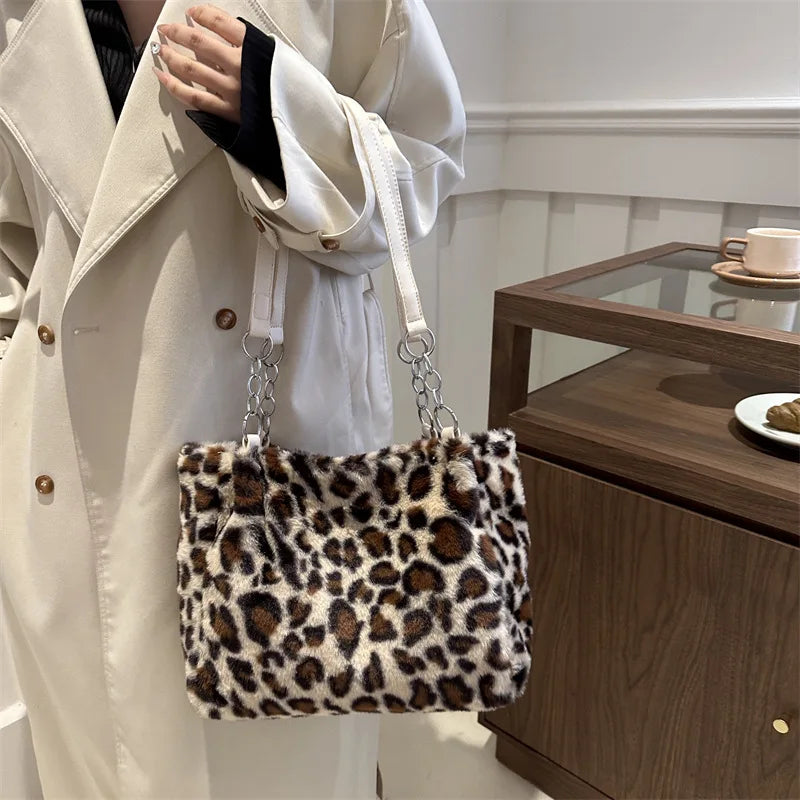 Leopard Print Plush Tote Bag – Soft Fuzzy Shoulder Handbag