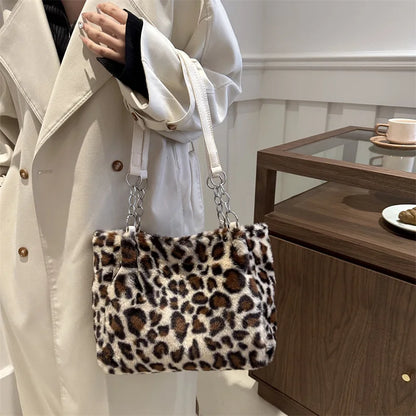 Leopard Print Plush Tote Bag – Soft Fuzzy Shoulder Handbag