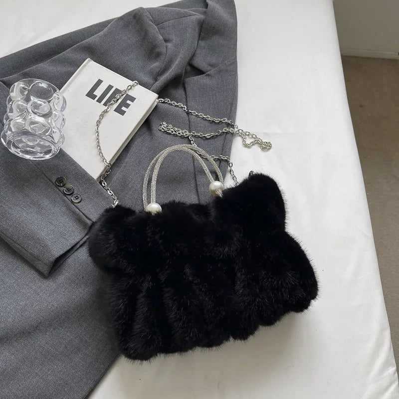 Faux Fur Crossbody Bag with Pearl Chain Strap