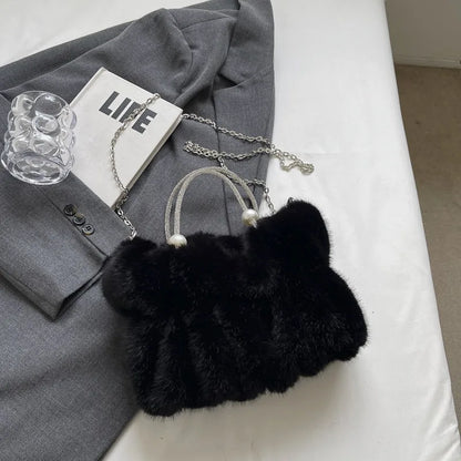 Faux Fur Crossbody Bag with Pearl Chain Strap