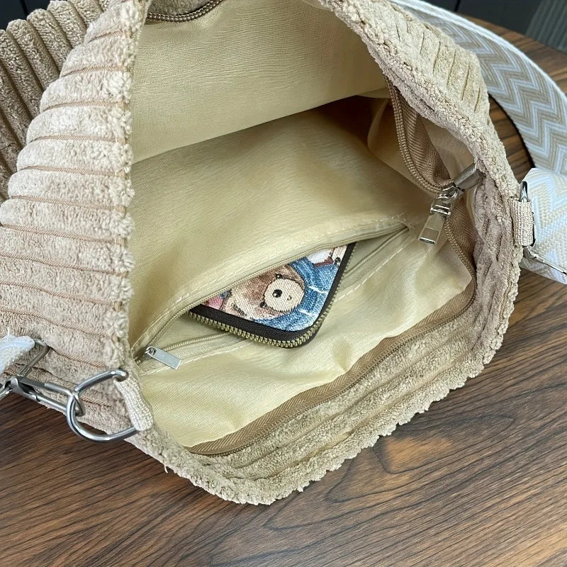 Corduroy Crossbody Bag – Women's Shoulder Bag with Patterned Strap