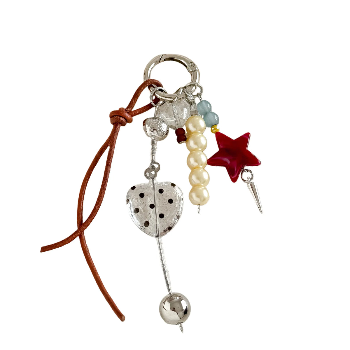 Pearl & Leather Keychain Charm – Boho Star Heart Bead Accessory