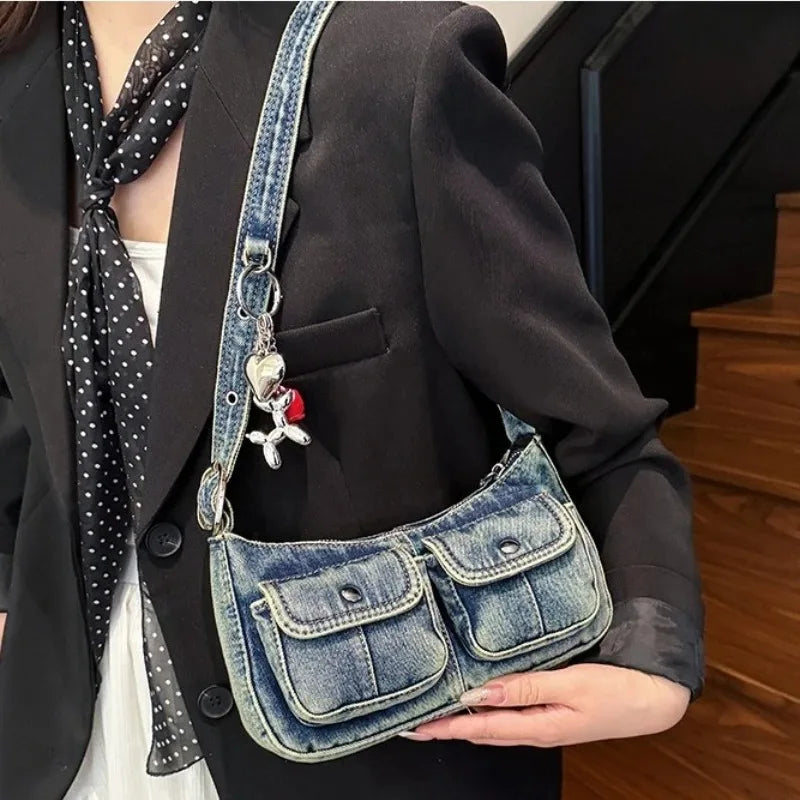 Washed Denim Shoulder Bag Y2K Style with Balloon Dog Charm