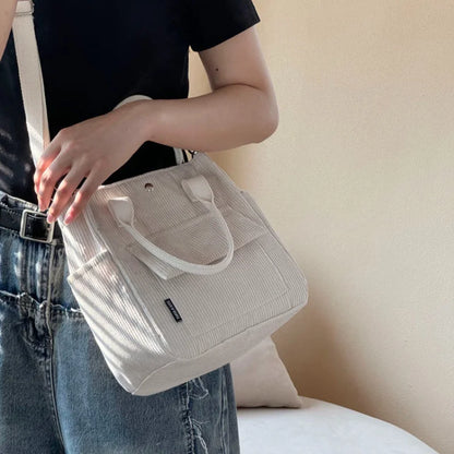 Washable Corduroy Tote Bag with Multiple Pockets