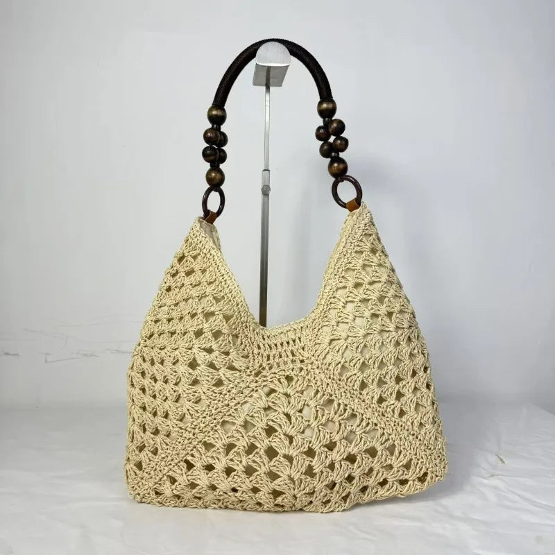 Boho Crochet Woven Tote Bag with Wooden Bead Handle