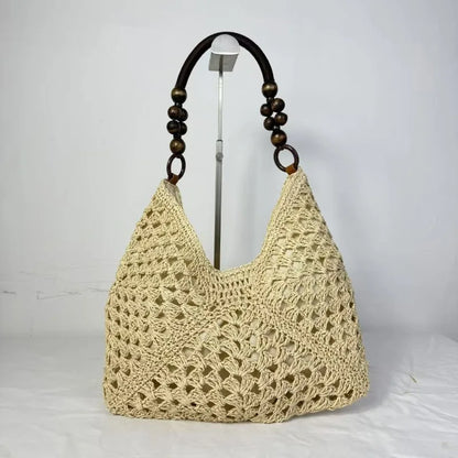 Boho Crochet Woven Tote Bag with Wooden Bead Handle