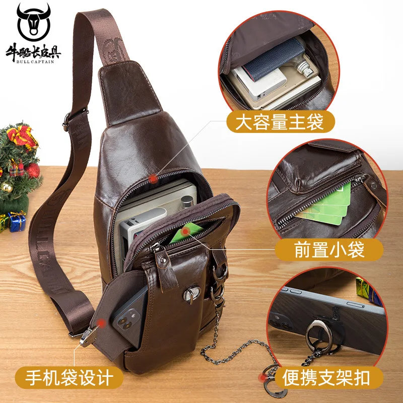Men S Genuine Leather Chest Bag Soft Top Layer Cowhide Lock Mobile Phone Storage Chain