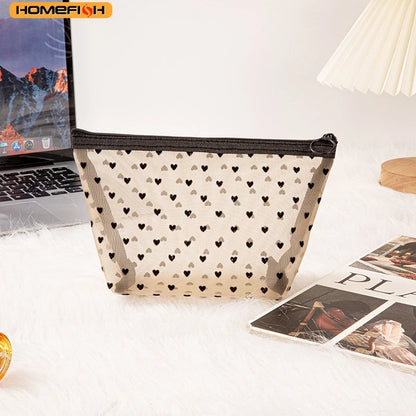 Homefish Heart Transparent Mesh Makeup Bag Multifunction Portable Women Cosmetic Storage Pouch