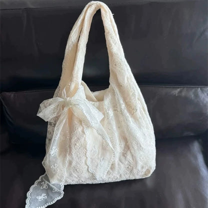 Lace Flower Tote Bag for Women – Soft Bow Accent Shoulder Purse