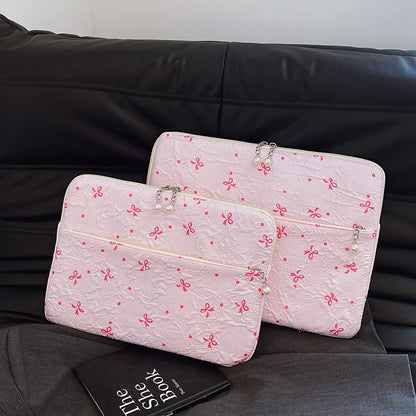 Minimalist Casual Crinkle Bow Laptop Bag Pearl Zipper Oxford Briefcase Soft Shockproof Multi-Size