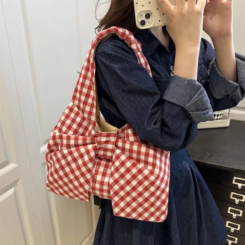 Checkered Canvas Tote Bag with Oversized Bow - Underarm Shoulder Handbag