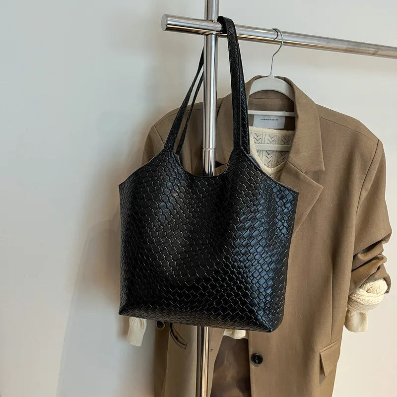 Woven Leather Tote Bag for Women – Soft Shoulder Handbag with Braided Pendant