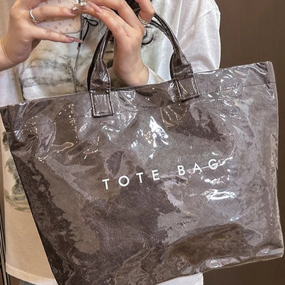 Waterproof Glossy Tote Bag with Letter Print & Double Handles