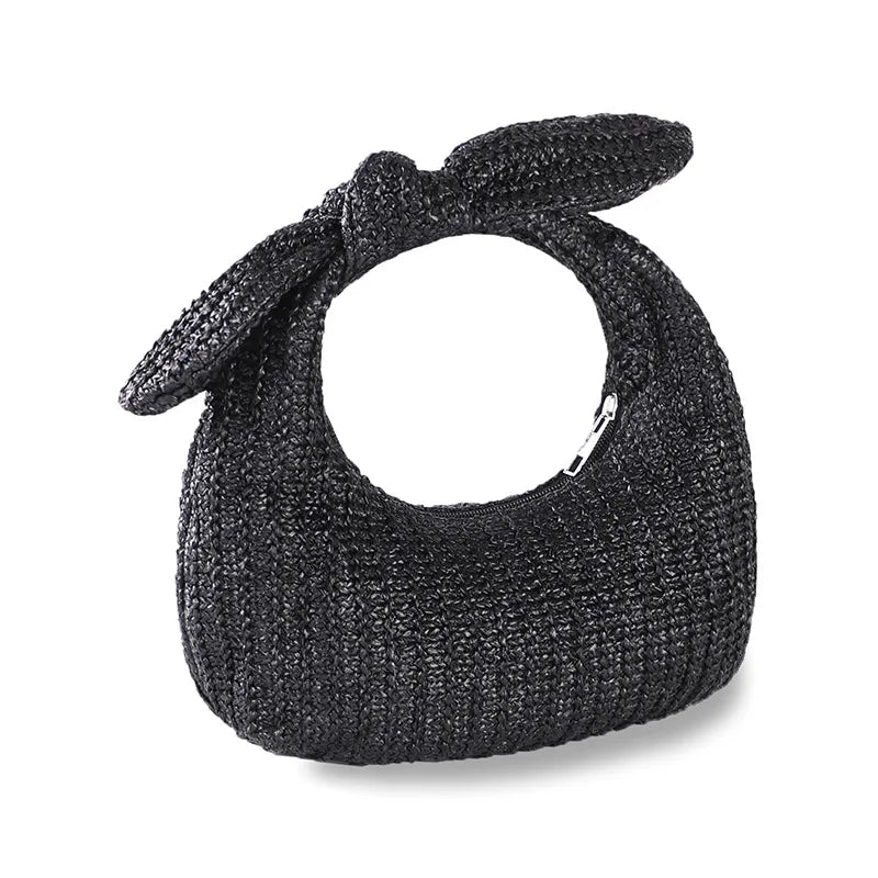 Crescent Tote Bag Cute Bow Knot Straw Woven Handbag Wrist Bag Daily Travel Holiday