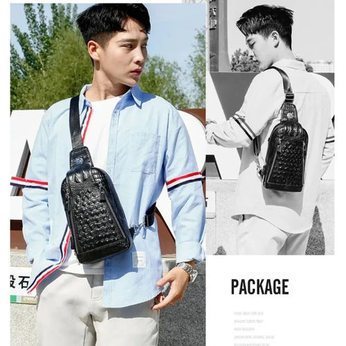Men S Large Capacity Leather Breast Bag Head Layer Shoulder Oblique Cross Chest Crocodile