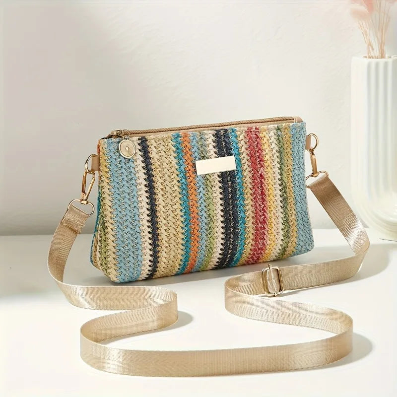 Colorful Striped Woven Crossbody Bag with Wide Adjustable Strap