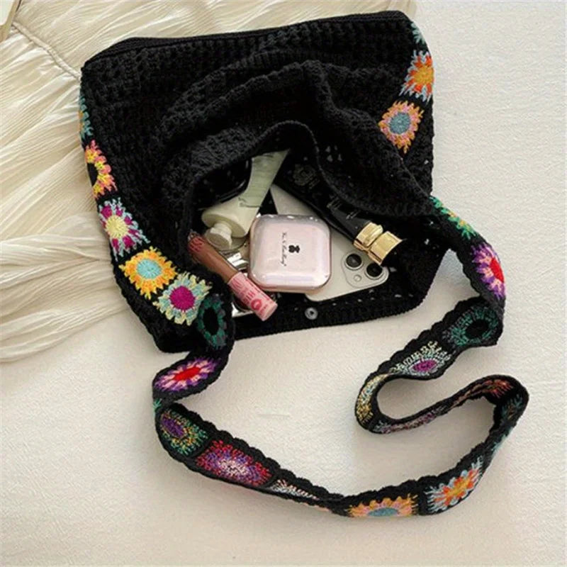 Boho Crochet Flower Tote Bag – Hollow Knit Shoulder Bag