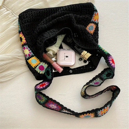 Boho Crochet Flower Tote Bag – Hollow Knit Shoulder Bag