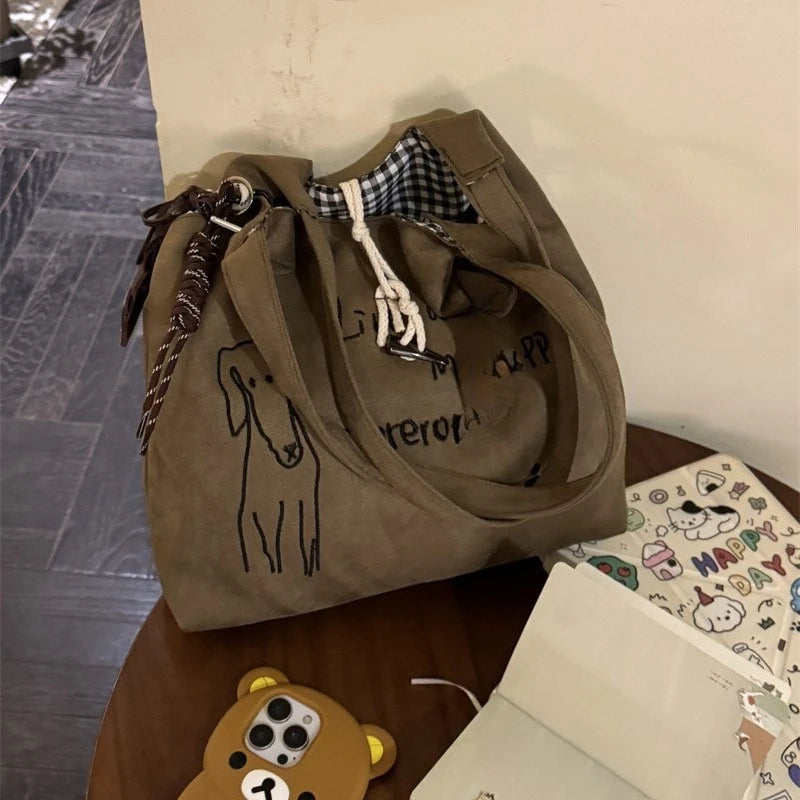 Cute Puppy Print Canvas Tote Bag – Large Capacity Shoulder Bag