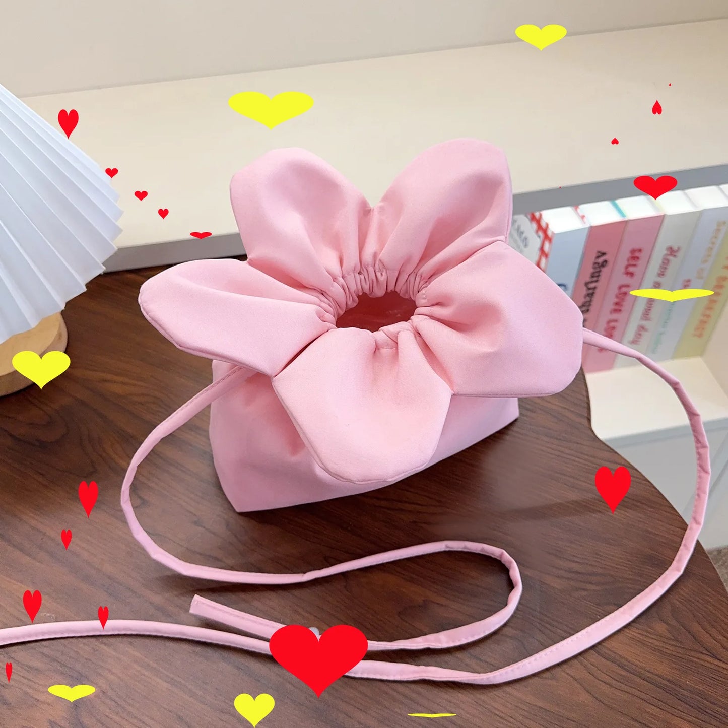 Red White Gingham Floral Crossbody Bag Petal Drawstring - Soft
