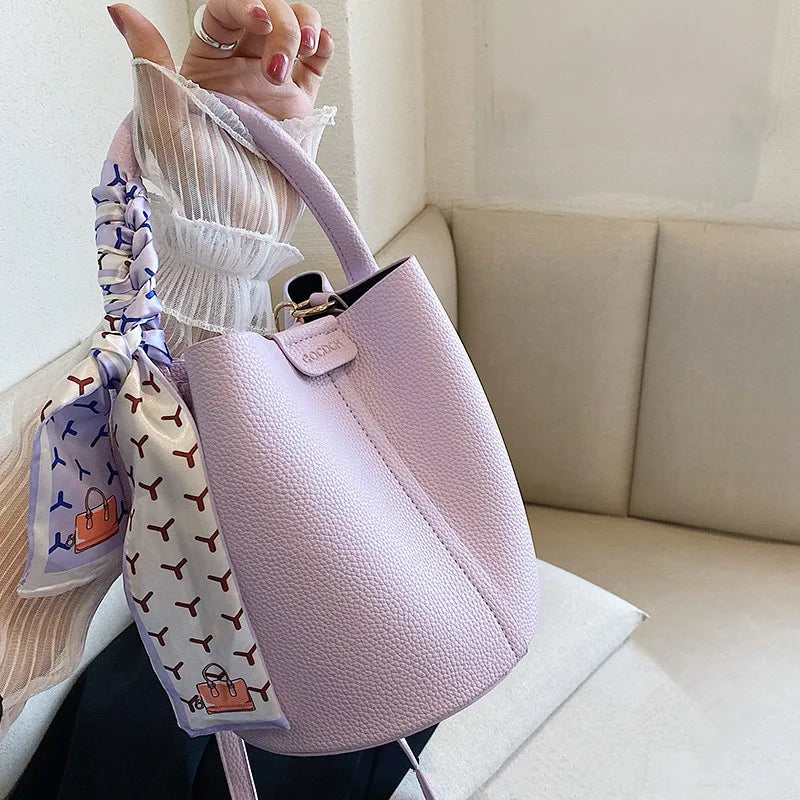 Elegant Bucket Handbag Shoulder Bag Silk Scarf Fashionable Faux Leather Tote Crossbody Bags Women S