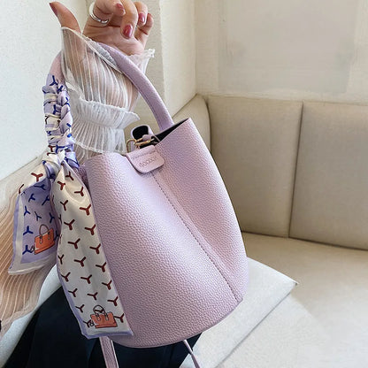 Elegant Bucket Handbag Shoulder Bag Silk Scarf Fashionable Faux Leather Tote Crossbody Bags Women S