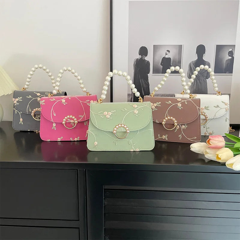Pearl Chain Floral Embroidered Mini Shoulder Bag