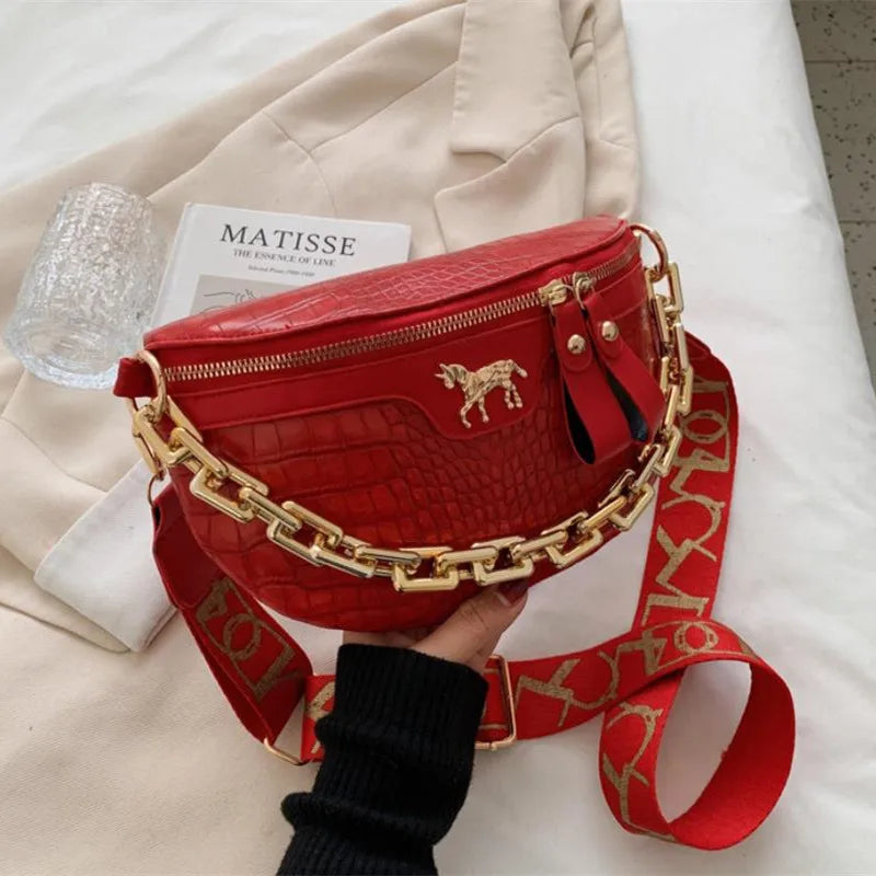 Crocodile Pattern PU Leather Crossbody Bag with Gold Chain Strap