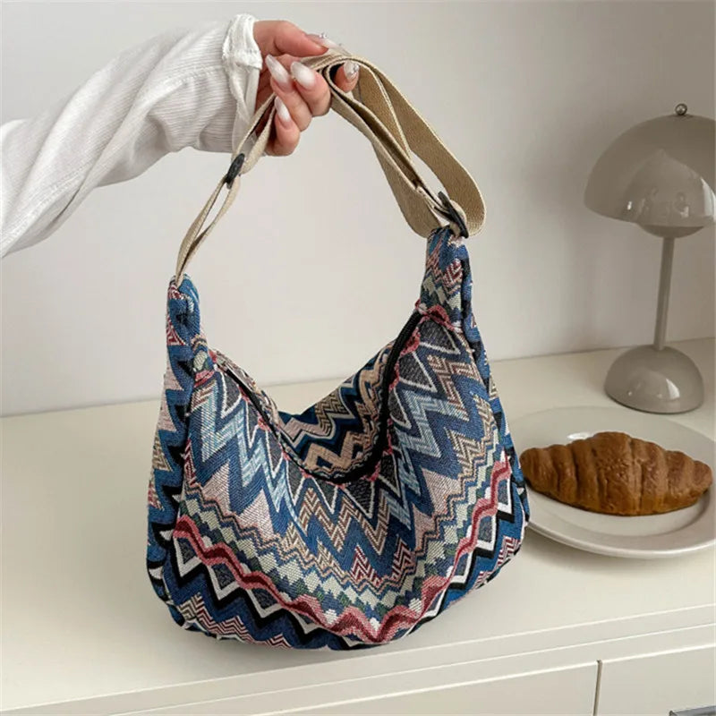 Wave Pattern Canvas Crossbody Bag – Large Shoulder Bag for Women