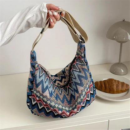 Wave Pattern Canvas Crossbody Bag – Large Shoulder Bag for Women