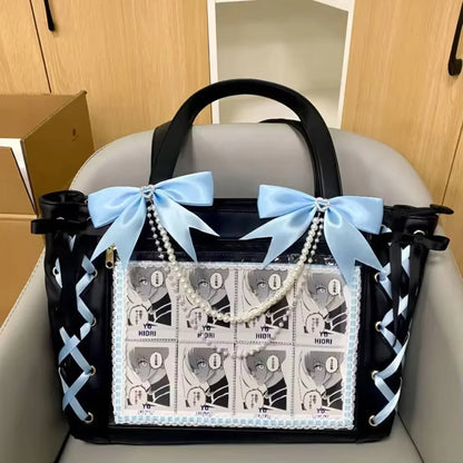 Japanese Sweet Women Ribbon Ita Bag Cute Lolita Girl Transparent Handbags Large Capacity Tote