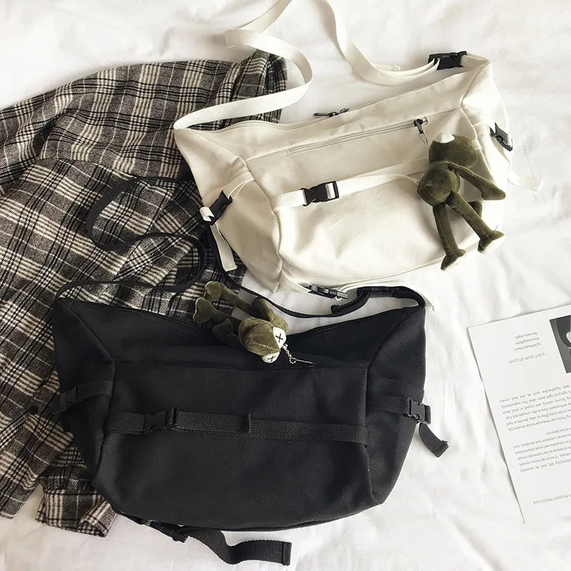 Canvas Crossbody Bag with Plush Pendant – Large Capacity Women's Shoulder Bag